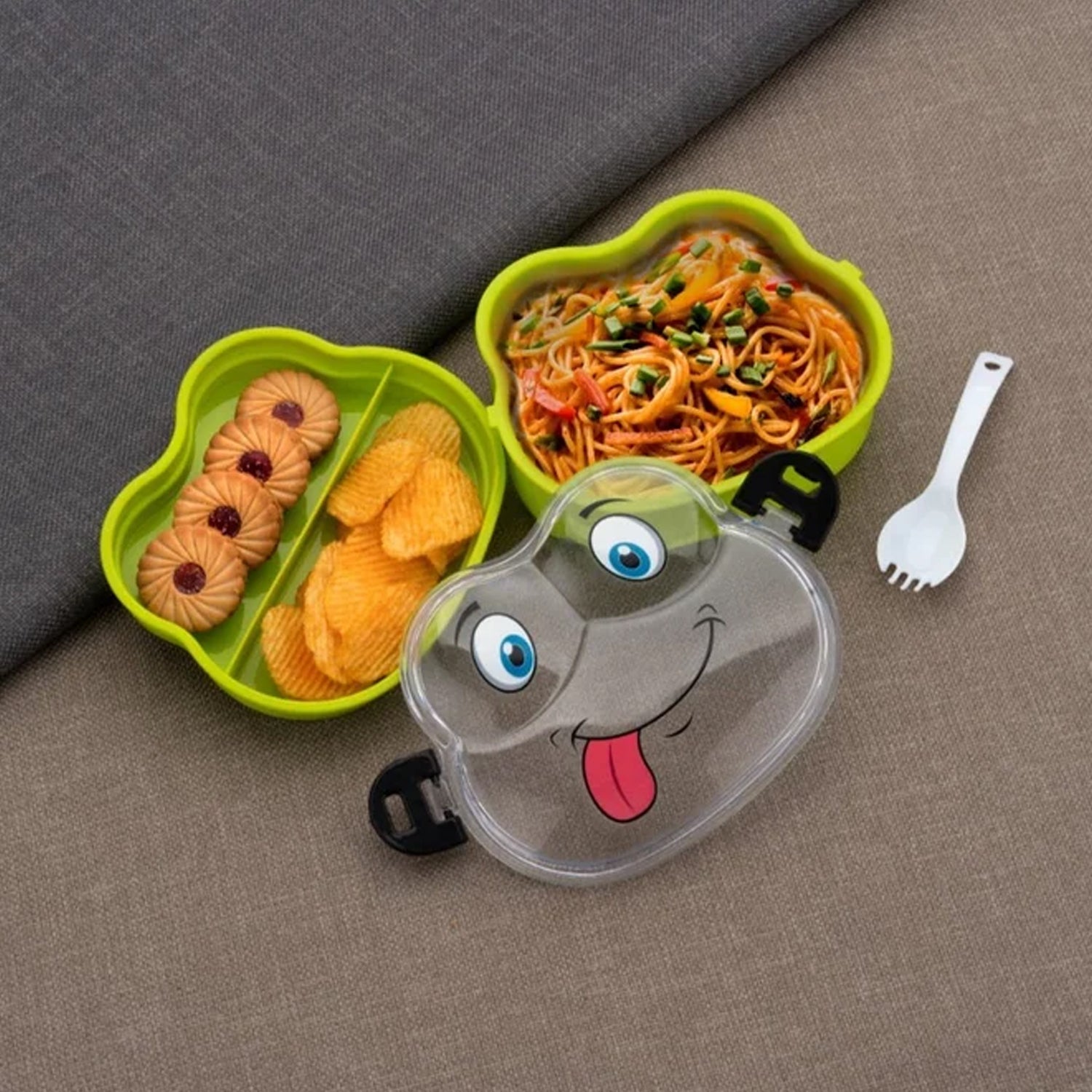 Double Layer Froggy Shape Lunch Box With Spoon (1 Pc  Mix Color) Double Layer Froggy Shape Lunch Box With Spoon (1 Pc  Mix Color)
